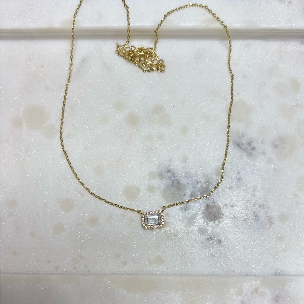 Adina Eden Pave Outlined Solitaire Baguette Necklace